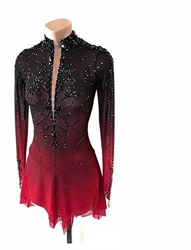 JRUIA Eiskunstlaufkleid Eislaufkleid Für Mädchen Schwarz Rote Halo Färbung Professionelle Wettkampf Eislaufbekleidung Mit Hoher Elastizität Kristall/Strass Lange Ärmel,Schwarz,M