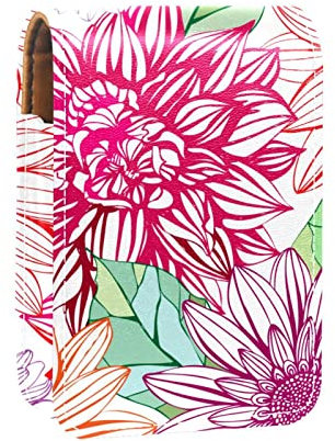 Mini étui à rouge à lèvres portable en cuir avec miroir pour les voyages Motif dahlia coloré, multicolore, 9.5x2x7 cm/3.7x0.8x2.7 in