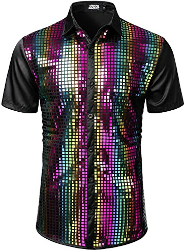 JOGAL Herren Pailletten Hemd 70er Kurzarm Disco Party Kostüm Regenbogen Mittel