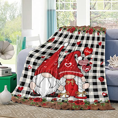 Fleecedecke Love's Day GNOME Sweet Love Vintage Buffalo Plaid Schwarz Weiß Flauschige Sofaüberwurf Falten Beständig Überwurf Decke Für Geschenke Mädchen Erwachsene 50x40