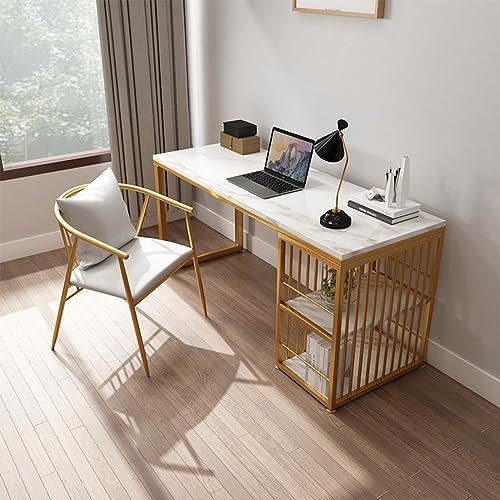 FAANAS Computertisch mit Ablagefächern Modern Einfaches Arbeitszimmer Schreibtisch Arbeitsplatz Weiß Home Office Schreibtisch mit Gold Beinen, 47Inch