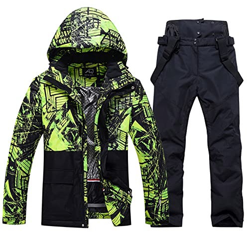ALSOGO Herren Skijacke & Skihose Set Skianzug 2 teilig Schneeanzug 10.000mm Wassersäule Atmungsaktiv Schneeanzug Winddichte Schneehose mit Abnehmbare Kapuzen zum Skifahren Snowboarden