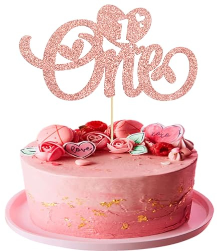 Gyufise 1Pc One Cake Topper Glitter Sweet Heart Valentine's Day 1st Birthday Cake Decorations for Wedding Anniversary Valentine's Day Baby Shower First Birthday Party Supplies Rose Gold