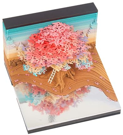 Luqeeg Sakura 3D Notizblock, 2024 Kalender Sakura Baum Kreativer 3D Notizblock Artopad, 3D Kunst Kalender Notizblock 2024, Sakura Baum Haus Kalender Skulptur Geschenk für Desktop-Dekor