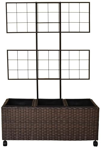 Dehner Spalierkasten Lili, Pflanzkasten frostbeständig/UV-beständig/wetterfest, ca. 85 x 130 x 30 cm, inkl. Rollen / 3 Pflanzeinsätzen, Polyrattan, braun