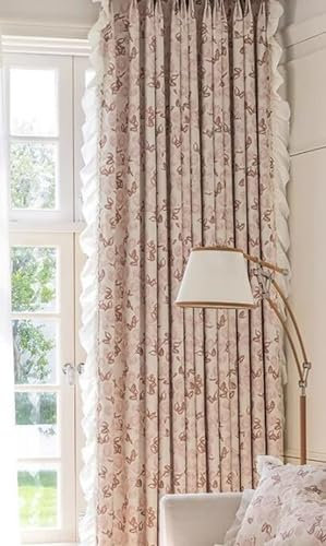 Homxi Gardine Blickdicht Küche 2er Set,2 x 132W x 229H cm,Abdunkelnde Vorhänge Rosa Blumenmuster mit Rüschen Gardinen Fensterhaken