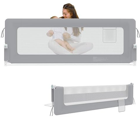 AufuN Bettgitter Bettschuztgitter Portable 200cm, Faltbar Kinderbettgitter für Kinder Babybettgitter Klappbar, Tragbar, Rausfallschutz Bett für Babys und Kinder im Elternbett, Grau