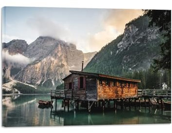 MUHJDYC Natur Leinwandbilder mit Rahmen-Wolken Berg Holzhaus See Bild Dekoration-Landschaftsbilder auf Leinwand-Moderne Wandbilder Wohnzimmer 60x85cm23x33in Umwickelte Leinwand