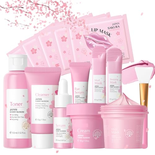 Ansiktsvård set för flickor och kvinnor, anti-rynk hudvård set för ansikte, Japan Sakura Skincare Set – serum creme Cleanser toner ögonserum ansiktsmask läppmask