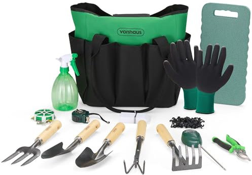 VonHaus Ultimate Garden Tools Set 15 Pieces – Heavy Duty Gardening Hand Tool Kit – Steel & Wooden Tools, Durable Portable Bag – Gift for Men & Women – Moisture Meter Included