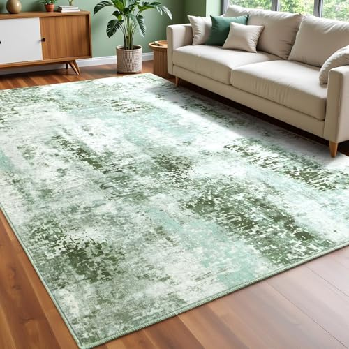 Macgace Moderner abstrakter Teppich für Wohnzimmer, 120 x 150 cm, maschinenwaschbar, mit rutschfester Unterseite für Schlafzimmer, weicher Bodenbelag, moderner Teppich für Esszimmer, Heimbüro, Grün