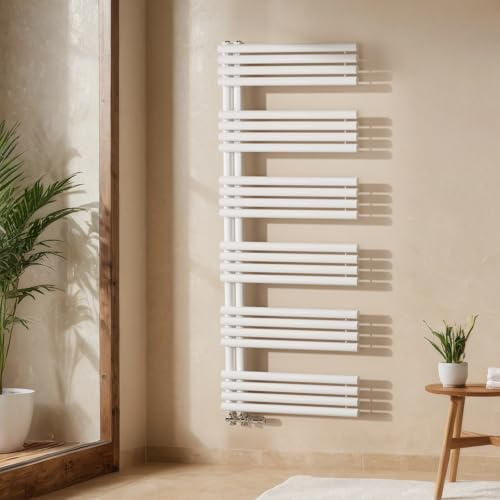 EMKE Design Rundrohr Handtuchheizkörper 1660x600 mm, Badheizkörper Handtuchhalter mit Seitenanschluss, Handtuchwärmer & Handtuchtrockner in Weiß 1075W