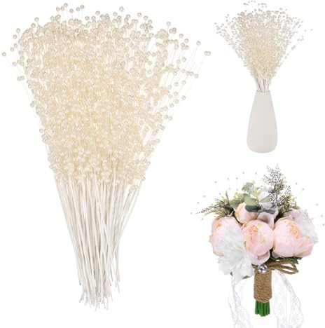 M METERXITY 100-Pack String Pearl Stick 9 Inch 4mm Pearls String Beaded Stick Pearl Bouquet Plastic Bead String Garland for DIY Crafts/Bouquet/Christmas/Wedding/Party [Beige]