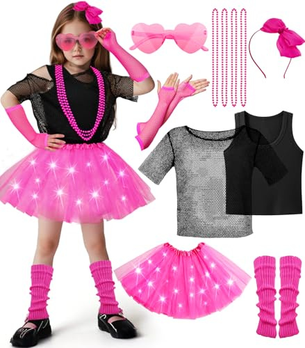 vamei 80er Jahre Outfit Kinder Mädchen 80er Jahre Kostüm Accessoires Kleidung LED Tutu Rock Kurze Netzärmel Ohrringe Halskette Beinlinge Netzhandschuhe Aerobic Rosa Party Dress up für Mädchen (XL)