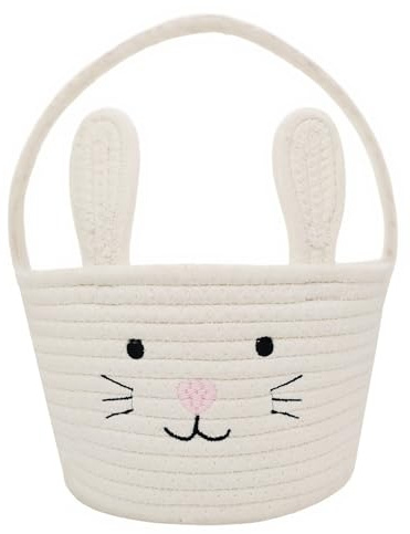 Easter Basket, Easter Bunny Basket with Handle, Easter Baskets for Kids, Baby Gift Baskets, Egg Buckets Gifts Tote Bags Egg Hunt for Boys, Girls, Toddler, Babies, Infant (White)