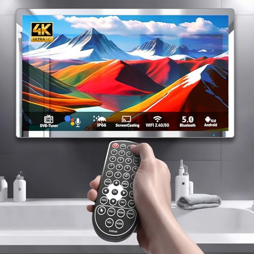 Leotachi Android 13 Luxury 32 Smart Bathroom Mirror TV, 4K Ultra HD, IP66 Waterproof, Android TV, Voice Assistant, ATSC Tuner, Bluetooth, Wi-Fi, for Bathroom Vanity and Dressing Table