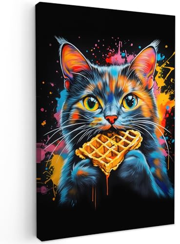 MuchoWow© Cuadros Decoracion Salon Modernos Dormitorios Cuadro Decorativos | 80x120 cm - de Lienzos Decorativo Decoración Cabecero Cama Gato - Graffiti - Colorido - Gofre - Comida