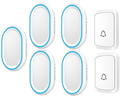 WOTZOV Timbre inalámbrico portátil, Kit de Timbre inalámbrico a Prueba de Agua, 5 receptores enchufables, 2 Botones, Alcance de 1000 pies, Volumen de 4 Niveles, 58 melodías, bla,Blanco