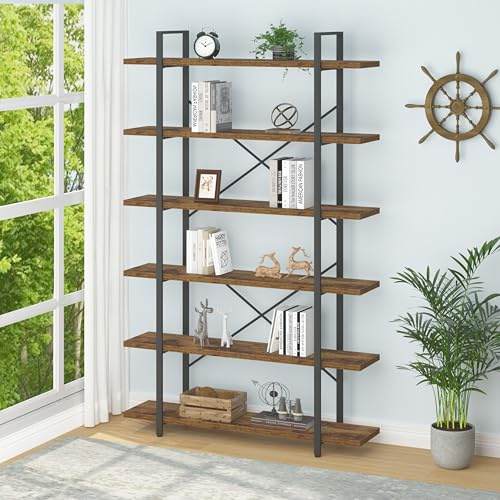 HSH Bücherregal Regal Holz Standregal mit 6 Ebenen Wohnzimmerregal Industrie-Design Büroregal offene Ablagen für Wohnzimmer Büro Schlafzimmer Küche, Rustikale Braun, 120 x 32 x 216 cm
