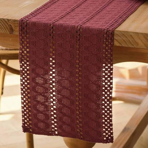 Avalune Tischläufer Burgunderrot Boho Tisch Läufer Modern Bauernhaus Klein Schmal Tischdecke Dekor Makramee Baumwolle Leinen Landhausstil Rustikaler Table Runner für Küche Hochzeit Party 30x140 cm