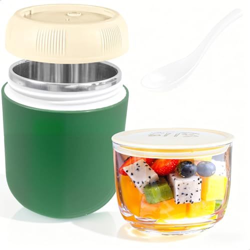 xyuayamz Porta Yogurt Termico 500ML+200ML, Overnight Oats Jar con Cucchiaio, Tazza Yogurt to Go in Acciaio Inox, Portatile Tazza per Cereali per Ufficio Scuola Campeggio, Verde