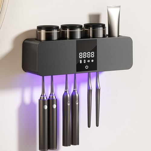 Soporte para cepillo de dientes eléctrico, soporte desinfectante para cepillos de dientes UV con dispensador ligero de pasta de dientes y 3 tazas, organizador de soporte de cepillo de dientes de