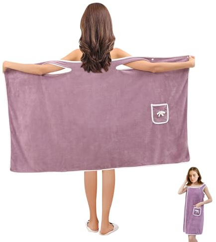 ACAREY Handtuchkleid Damen Übergröße, 80 * 145cm Korallenfleece Wasserabsorbierend Schnelltrocknend Duschrock mit Tasche, Verstellbarer 2-Knopf-Verschluss, Saunakilt Bademäntel Frauen