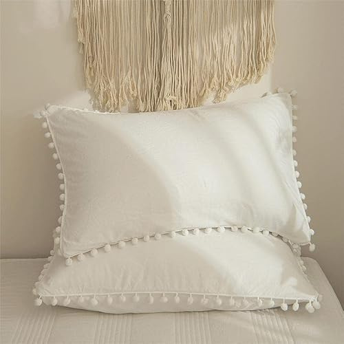 Freyamy Kissenbezug 40x80 2er Set Weiß Pom Pom Quaste Boho Kopfkissenbezug