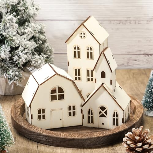 Wonderjune 3 Pieces DIY Christmas Village Sets 8 Inch Large Wooden House Wood Craft Kit for Boys Girls Adult Christmas Crafts Gift for Winter Xmas Party Decorations (Cute)