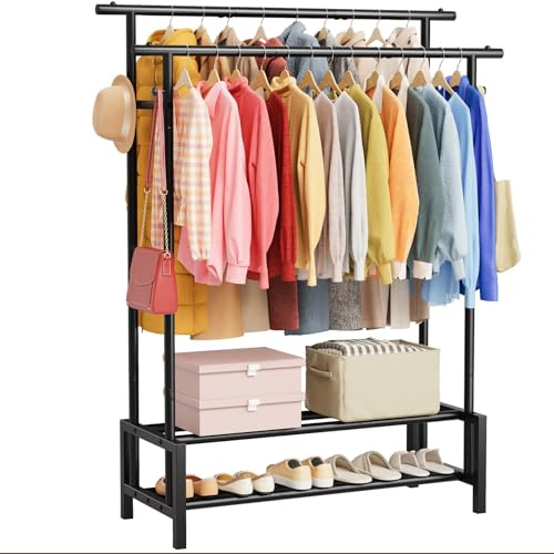 Clothes Rail for Bedroom, Double Hanging Clothing Rail with Shelves, Black