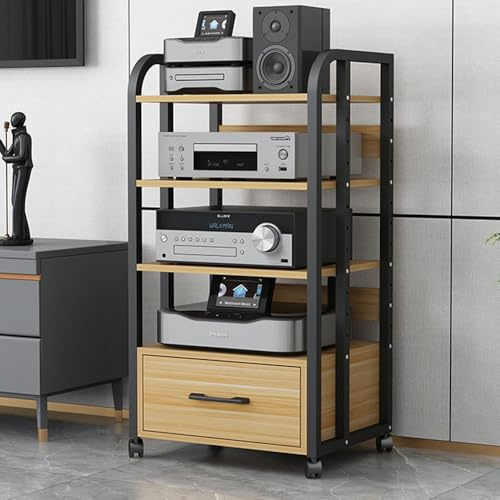 Soporte Audiovisual móvil con cajón, estantería de Audio y vídeo de 3/4 Niveles y 100 cm de Alto, Mueble para componentes de Consola, Amplificador, Equipo de música, Videojuegos, proyector y