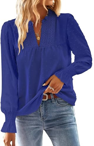 TUUHAW Tops for Women UK Elegant V Neck Autumn Flowy Ruffled Lace Blouse | Trendy Flowy Autumn Blouse, Ruffled Long Sleeves, Dressy Casual Bohemian Tunic, Swiss Dot Lace Edges, Casual Chiffon Style