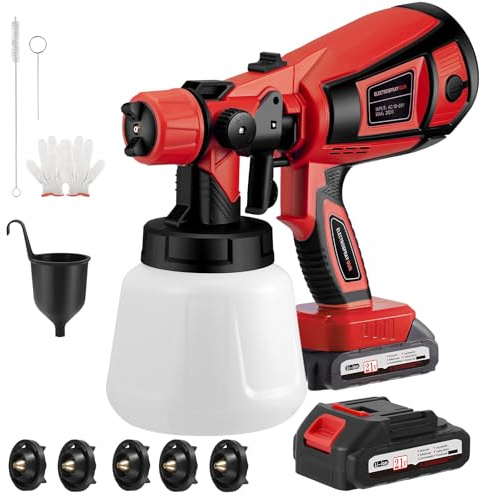 Pistolet à Peinture sans Fil, 21V 18000tr/min avec 2x3000mAh Batteries, 5 Buses et 3 Modes de Pulvérisation, Réservoir de 900ML pour Peinture de Maison, Murs, Clôtures et Plafonds