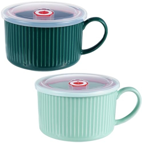 YOFAPA 2 PCS Ceramic Soup Mugs, 30oz Ceramic Bowl with Lid and Handle, Microwave Safe Soup Bowl, 7 Large Instant Noodle Bowls with Lid