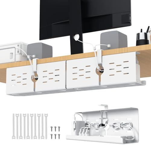 KEEGH Kabelmanagement Schreibtisch Ohne Bohren Ideal Klemmen/Schraubmontage | 2er Set Kabelkanal Schreibtisch für Kabelversteck, Metal Kabelwanne Schreibtisch für Büro, Zuhause, Gaming-Setup, Weiß