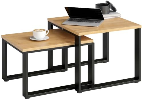 HOMCOM Couchtisch Satztisch mit Metallrahmen für Wohnzimmer Natur | 2er Set, Wohnzimmertisch, Kaffeetisch, Beistelltisch, Schlafzimmer, Balkon
