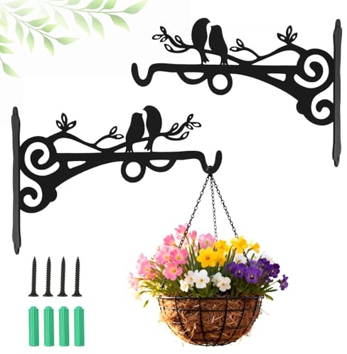 Moosono Hanging Basket Bracket, Outdoor Metal Garden Brackets for Wall&Fence, Plant Hooks with Screws for Plants, Bird Feeder, Lantern, Wind Chimes, Light (2 PCS Black)