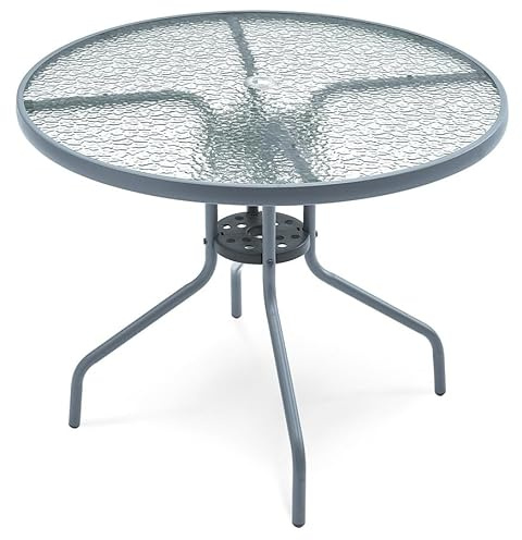 MAT-COMPANY Gartentisch Glastisch Bistrotisch Balkontisch 90x70cm Outdoor Garten Terrasse Grau mit gemusterter Glasplatte Schirmloch