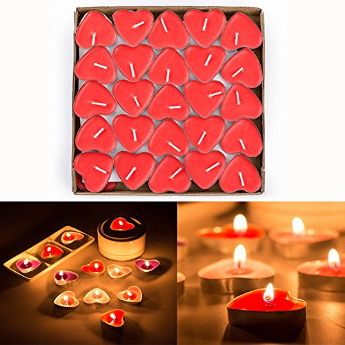 Itian 50 Stück Teelicht Set Romantische Herz Kerzen,valentinstag Deko,herz Deko (Rot)