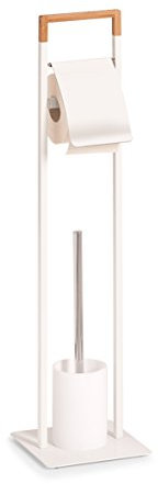 Zeller 18723 WC-Garnitur, Metall/Bamboo, weiß, ca. 19 x 19 x 74,5 cm, Toilettenpapierhalter mit WC-Garnitur, freistehendes Badezimmerzubehör