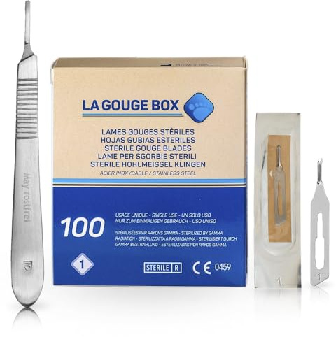 May Set Lame Sgorbie per Podologia e Pedicure | 100x Lame sterili Fig 1 Acciaio Carbonio + Manico per Bisturi N.3 Inox | Strumenti professionali per calli e duroni