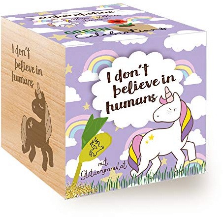 Feel Green - WE CREATE NATURE Grow Your Own Einhornbohne, Holzwürfel Mit Lasergravur «I Don't Believe in Humans», Nachhaltige Geschenkidee, Anzuchtset, Ecocube, Made in Austria