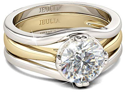 Jeulia 3,5 Karat runder Schnitt Enhancer Ring für Frauen 925 Sterling Silber Verlobungsring Set 14 Karat vergoldet Ehering Zirkonia Ewigkeit Ring Jubiläum romantischen Schmuck (Golden, 57 (18.1))