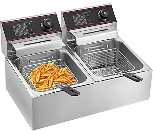 VEVOR Friteuse 12L Electrique INOX Double Réservoir 5000W avec 2 Paniers à Friture, Poignée en Caoutchouc pour Aliments Cuisiner en Acier Inoxydable