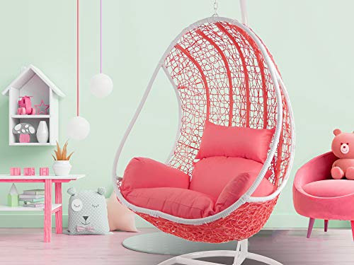 Kideo Komplettset: coralfarbener Hängesessel mit Gestell & Kissen, Poly-Rattan, Schwingsessel, Lounge weiß, Coral,
