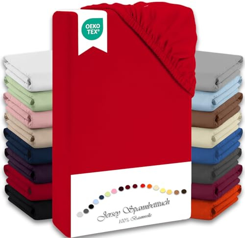 Julido Drap-housse 100 x 200 cm (rouge) – Drap de lit en jersey 100 % coton, certifié Oeko-Tex Standard 100, doux pour la peau, respirant et adapté aux personnes allergiques, hauteur de matelas