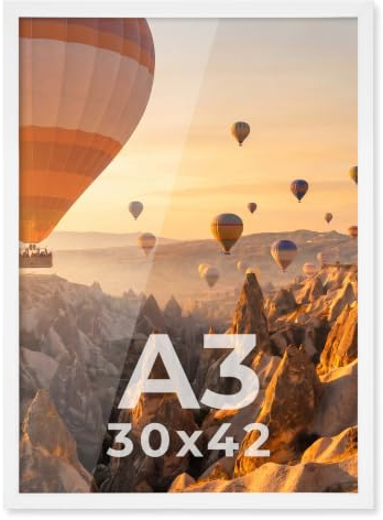 PHOTOLINI Bilderrahmen A3 Weiß Holz MDF, A3 Bilderrahmen 30x42 weiß, DIN A 3 Rahmen mit Acrylglas, Picture Frame 42x30 zum Aufhängen, Rahmen 42 x 30 mit Zubehör für DINA3 Fotos & Poster