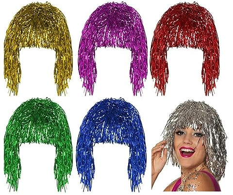 JJYHEHOT 6 Stück Folie Lametta Perücke, Bunte Folie Perücken für Erwachsene | Perücken Glänzende Metallic Bunte Perücken, Lustige Glänzende Kostüm-Perücke für Fotobox Zubehör Themenparty Accessoire