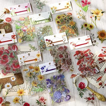 320PCS/ 8Pack Vintage PET Transparent Decorative Stickers, Pretty Retro Floral Stickers Set, Self-Adhesive Plants Flowers Daisy Mushroom Nature Themes Plants Stickers for Scrapbooking, Arts, DIY Craft