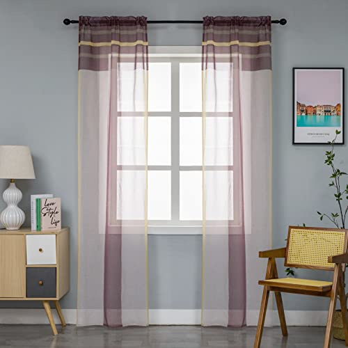 GIRASOLE HOME Coppia Tende Voile Semi Trasparenti a Righe Tenda per Soggiorno Camera Cameretta Cucina e Interni 2 Pannelli con Tasca (70x235cm, Marrone+Crema)
